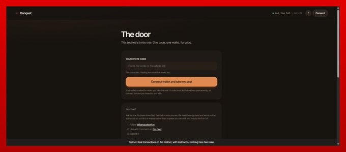 A dark-themed Banquet webpage titled "The door" displays a code redemption interface with an orange "Connect wallet and take my seat" button, along with a giveaway section offering "1. Enter referral code: F8B7P", a link to a social channel, and an invite link — all supporting the post's promotion of 3 FCFS mainnet codes and revenue-sharing incentives for Banquet users.