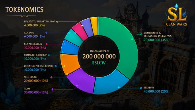 A 'TOKENOMICS' pie chart for 'SL CLAN WARS' showing a total supply of 200,000,000 $SLCW, broken down into allocations like 'COMMUNITY & ECOSYSTEM INCENTIVES' and 'TREASURY'.