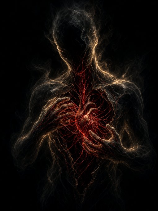 A digital artwork of a hooded figure with glowing orange outlines forming its body and a network of bright red veins radiating from its chest against a dark background.