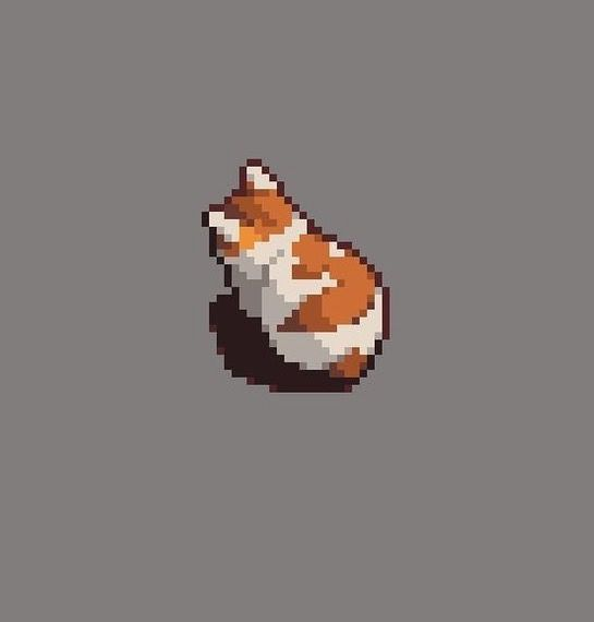 A pixel art illustration of an orange and white calico cat curled up on a gray background.