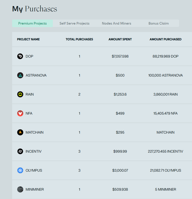 Screenshot of a "My Purchases" dashboard showing premium project investments including DOP ($7,057.598), ASTRANOVA ($500), RAIN ($1,253.6), NFA ($499), MATCHAIN ($295), INCENTIV ($999.99), OLYMPUS ($3,000.07), and MINIMINER ($509.938).