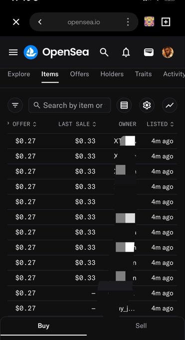 A screenshot of the OpenSea mobile website showing a list of NFT items with prices, last sale values, and owners, with a 'Buy' and 'Sell' navigation bar at the bottom.