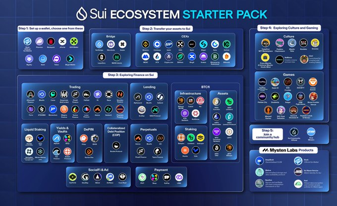 The image displays a "Sui Ecosystem Starter Pack" infographic organizing various Sui Network projects into five steps: setting up a wallet, transferring assets, exploring finance on Sui (Trading, Lending, Infrastructure, Assets, BTCR, Liquid Staking, Yields & Unuts, DePIN, Collateralized Debt (CDP), Perpetuals, Staking, SocialFAI & AI, Payment), and exploring Culture and Gaming. It highlights Mysten Labs products and community hubs, serving as a comprehensive visual guide to the Sui ecosystem referenced in the post about Sui Basecamp projects.