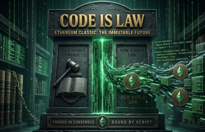 A dark, monument-style graphic titled **"CODE IS LAW: ETHEREUM CLASSIC: THE IMMUTABLE FUTURE"** depicts an ornate stone gateway flanked by legal books and a gavel under "OLD WORLD CONTRACTS," opening into a stream of glowing green Ethereum (ETC) coins and blockchain code under "NEW WORLD LAW," with the footer reading **"FORGED IN CONSENSUS • BOUND BY SCRIPT"** — visually reinforcing the post's argument that Ethereum Classic's protocol-driven, tamper-resistant Proof of Work ethos embodies the "Code is Law" philosophy.