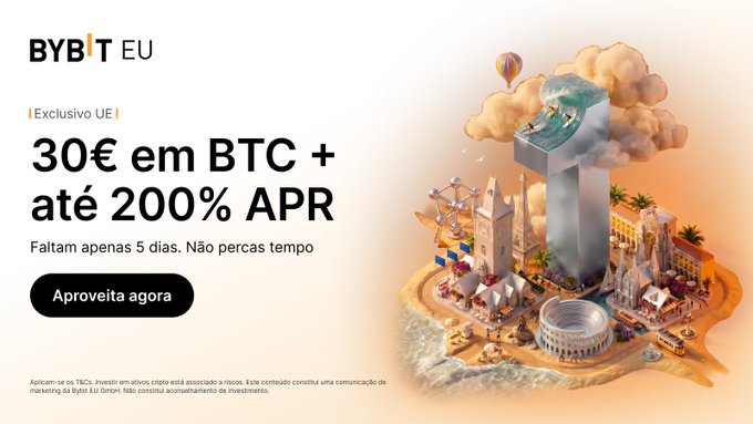A promotional advertisement for BYBIT EU offering '30€ em BTC + até 200% APR' with an 'Aproveita agora' button and an illustration of European landmarks.