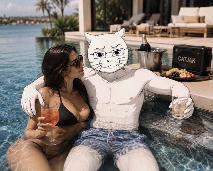 A woman and a cartoon cat with glasses, labeled "CATJAK," relax by a pool with drinks, a bottle of champagne on ice, and fruit. The image visually represents the $CATJAK ticker having fun as described in the post.