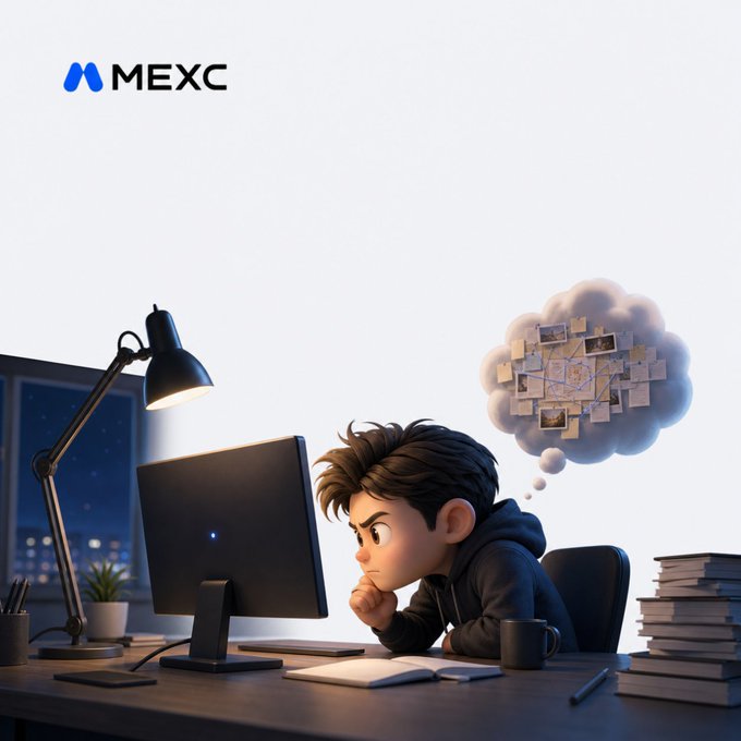 A 3D-rendered cartoon image shows a young person resting their chin on their hand while staring thoughtfully at a computer monitor at night, with a thought bubble containing photos above their head. The MEXC logo is displayed in the top-left corner.