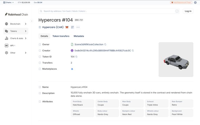 A screenshot of Robinhood Chain's block explorer displays the ERC-721 token page for "Hypercars #104" (token ID 104), showing its owner as Scene3DNFTKioskCollection, a creator address, 2 transfers, and a 3D-rendered voxel-style grey car alongside on-chain attributes (e.g., Hatchback, Coupe body, Nardo Grey color), illustrating the tweet's point that the explorer renders the full 3D model directly from the contract's chain state without loading any image file.
