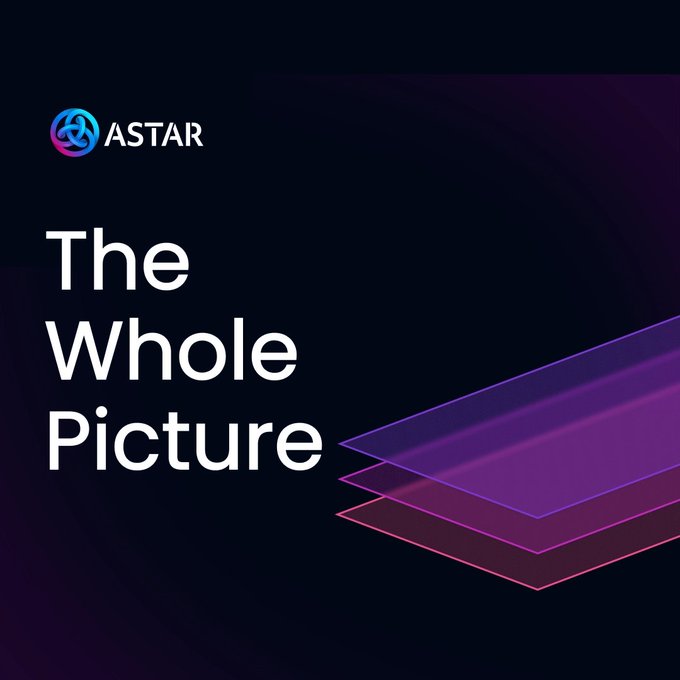 The image shows a dark promotional graphic featuring the "ASTAR" logo at the top, alongside the headline "The Whole Picture" and layered purple geometric shapes. The graphic ties into the post's message about fragmented assets being scattered across different wallets and apps, with "The Whole Picture" suggesting Astar provides a unified, comprehensive view of all holdings in one place.
