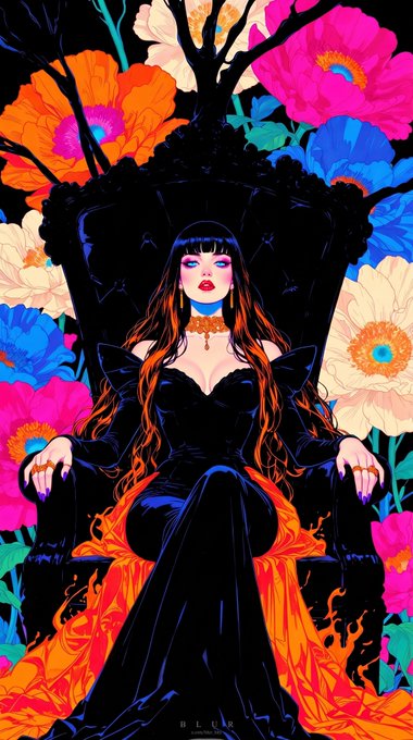 A striking digital illustration of a woman with long dark hair sitting on a throne, surrounded by colorful flowers and flames.