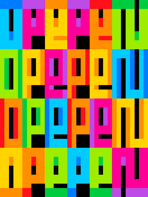 Abstract geometric artwork composed of vibrant colored rectangles arranged in a grid-like pattern resembling city windows.