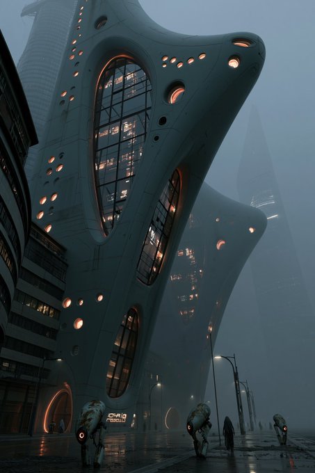 A futuristic sci-fi cityscape featuring a massive organic-shaped building with glowing porthole windows, set in a misty atmosphere with small robotic figures walking on the wet street.