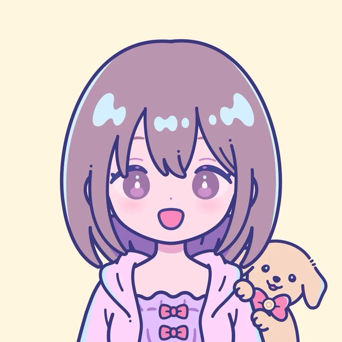 A cute anime-style illustration of a girl with purple hair and a small puppy with a pink bow against a cream background.