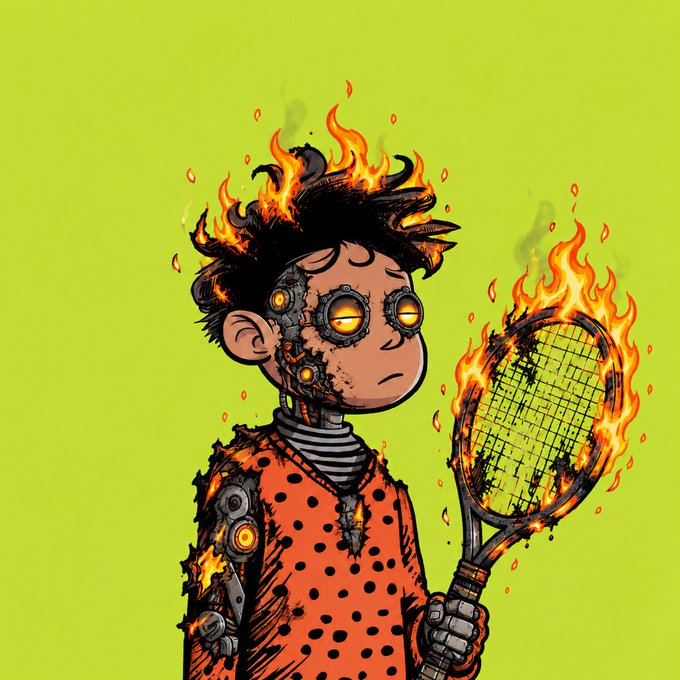 A cybernetic boy with glowing mechanical eyes and flames erupting from his head holds a flaming tennis racket, matching the post's "Burner 8278" sci-fi character on a vibrant lime green background.