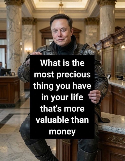 Elon Musk wearing a black leather outfit, holding a black sign with white text that reads 'What is the most precious thing you have in your life that's more valuable than money'.