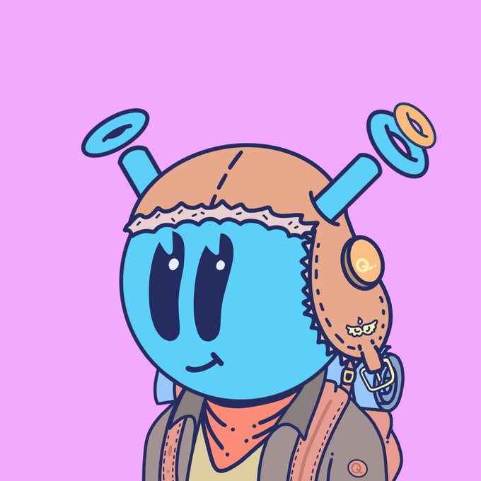 A cartoon-style digital illustration of a blue-skinned character with a stitched-together brown aviator hat featuring antennae and a small face on the side, wearing a jacket against a pink background.
