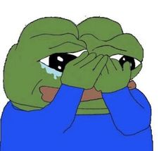 A sad Pepe the Frog meme covers his crying eyes with both hands, perfectly capturing the despair of the "gm, just woke up poorer than ever" post about overnight financial losses.