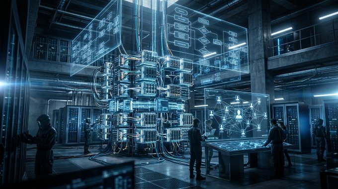A futuristic sci-fi illustration of a high-tech data center with a massive glowing quantum computer or AI server in the center, surrounded by holographic displays and several people in dark clothing monitoring the systems.