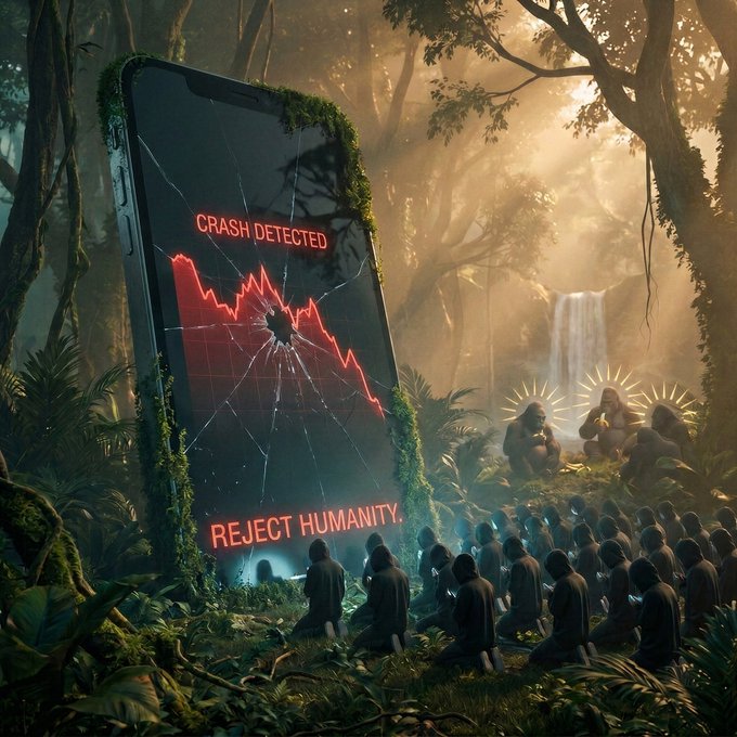 A digital art piece showing hooded figures gathered before a giant, cracked smartphone in a jungle, displaying a red crash graph with the messages 'CRASH DETECTED' and 'REJECT HUMANITY.'