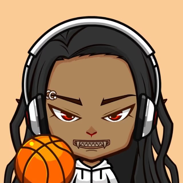 An anime-style digital illustration of a character with long black hair, red eyes, headphones, a spiked lip ring, holding an orange basketball against a beige background.