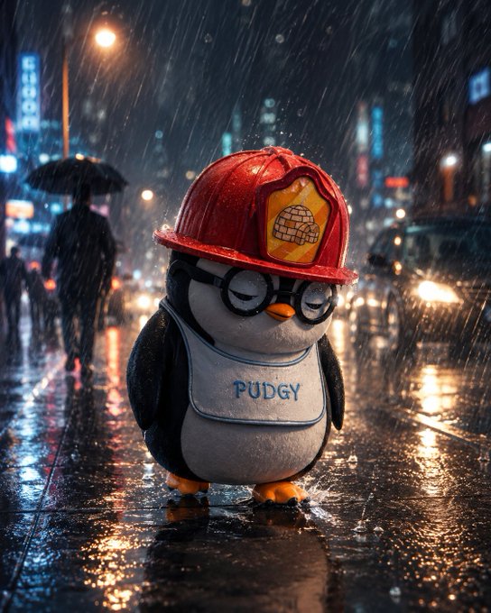 A small plush penguin wearing a firefighter helmet with "PUDGY" on its bib stands alone in the rainy night. The image symbolizes Pudgy's determination to weather the storm as the post laments that over 100 crypto projects have already died this year, questioning how many will survive—casting Pudgy as the unlikely firefighter trying to save the struggling industry.