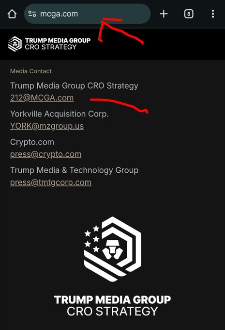 A mobile screenshot of the Trump Media Group CRO Strategy webpage showing media contact emails including 212@MCGA.com (highlighted with red marks) and YORK@mzgroup.us.