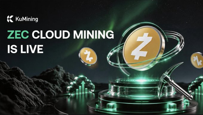 KuMining's promotional graphic announces "ZEC CLOUD MINING IS LIVE" against a dark, aurora-lit backdrop, featuring stylized Zcash (ZEC) coins, a glowing mining pickaxe, and cloud-and-arrow icons symbolizing accessible cloud-based mining—visually reinforcing the post's message about bringing institutional-grade Zcash mining power to retail users.