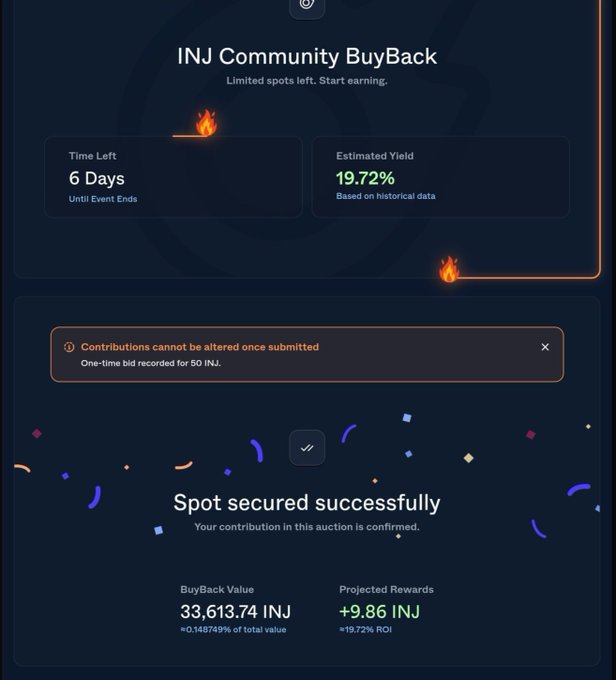 INJ Community BuyBack auction confirmation showing a spot secured successfully with a BuyBack Value of 33,613.74 INJ and projected rewards of +9.86 INJ at 19.72% estimated yield.