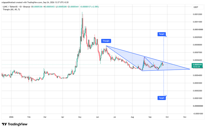 A TradingView candlestick chart for the LUNC / TetherUS trading pair on Binance, showing a descending triangle pattern with 'Target' markers pointing both up and down from the apex.