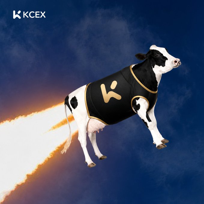 A surreal promotional image for KCEX cryptocurrency exchange showing a black and white cow wearing a branded jersey, appearing to fly like a rocket with flames trailing behind it against a blue sky.