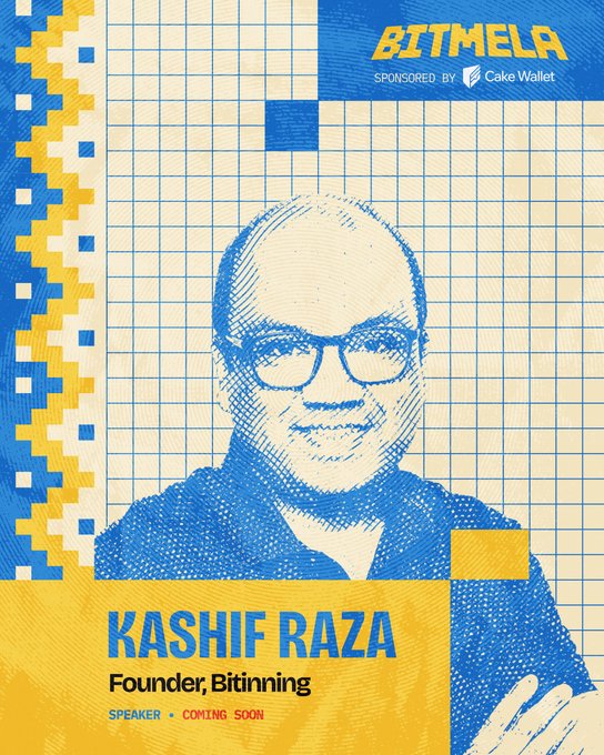 A promotional poster for the Bitmela Bitcoin event features a blue sketch-style portrait of speaker Kashif Raza, Founder of Bitinning, with text noting he is a "SPEAKER • COMING SOON." The event, sponsored by Cake Wallet, ties into the announcement of India's first major global Bitcoin conference in Jaipur, with discount code "KASHIF21" offering 15% off tickets.