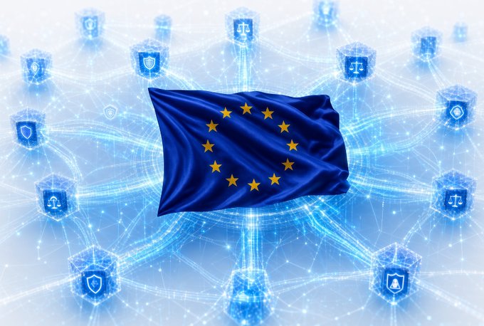 The EU flag floats over an interconnected web of glowing blockchain nodes and security shields, symbolizing regulators attempting to impose oversight on a borderless DeFi lending system. The image visualizes the tension at the heart of the post: a centralized authority (the EU) confronting a network with no clear leader, where responsibility is dispersed across code and roles rather than any single entity.