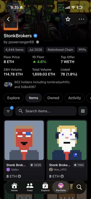 A mobile app screenshot for 'StonkBrokers' on the Robinhood Chain, created by 'powerranger69', showing a floor price of 8 ETH, 24H volume of 114.78 ETH, 602 holders, and listings of pixel-art character NFTs.