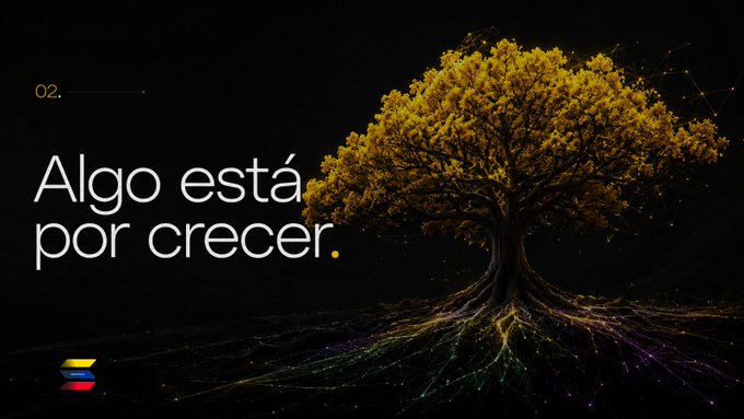 A striking presentation slide featuring a glowing golden tree with vibrant root system against a black background, displaying the text "Algo está por crecer." with "02." in the upper left and a small colorful logo in the lower left corner.