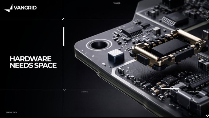 A dark, tech-themed graphic for 'VANGRID' features the text 'HARDWARE NEEDS SPACE' alongside a close-up 3D render of a computer circuit board.