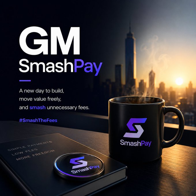 A promotional graphic for 'GM SmashPay' featuring a black mug with the SmashPay logo, a city skyline at sunset, and the tagline 'A new day to build, move value freely, and smash unnecessary fees' along with the hashtag '#SmashTheFees'.