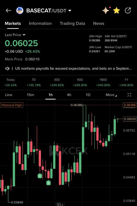 A cryptocurrency trading chart for BASECAT/USDT showing a last price of 0.06025 USDT, a 29.43% gain, and a 1-hour candlestick graph.