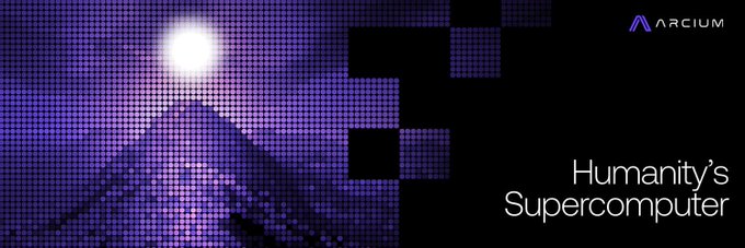 The image features a banner for an app called "Humanity's Supercomputer". The banner displays a mountain with a sun setting behind it, creating a visually appealing scene. The text on the banner reads "Remember the Arcium @Arcium we chatted about before? I just noticed that @Arcium is about to launch on Coinbase—$ARX has already made it onto Coinbase's listing roadmap," indicating that the app is launching soon and has been featured in a post by @Arcium.
