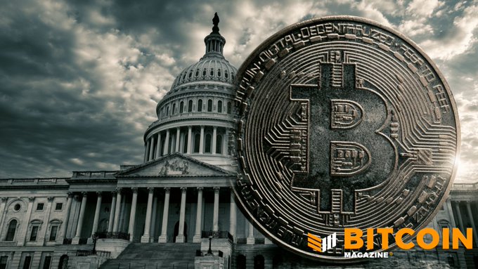The image shows the U.S. Capitol building overlaid with a large Bitcoin coin, with "BITCOIN MAGAZINE" branding in the corner, symbolizing the intersection of U.S. legislation and cryptocurrency. This relates to the post by visually representing the push for the Clarity Act—a bill aimed at providing regulatory clarity for crypto—with the Capitol representing government action and Bitcoin representing the asset at the center of the debate involving giants like BlackRock and Citi.
