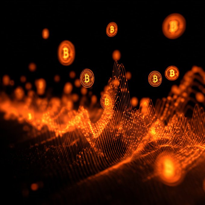 Abstract digital artwork featuring glowing orange Bitcoin symbols and wave-like particle formations against a dark background.