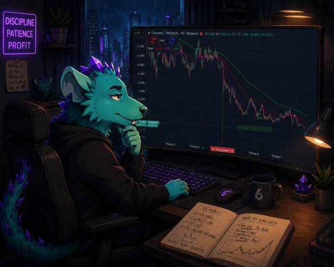 An illustrated anthropomorphic teal dragon/hedgehog character in a hoodie analyzing cryptocurrency trading charts on a monitor, with a neon sign reading "DISCIPLINE PATIENCE PROFIT".