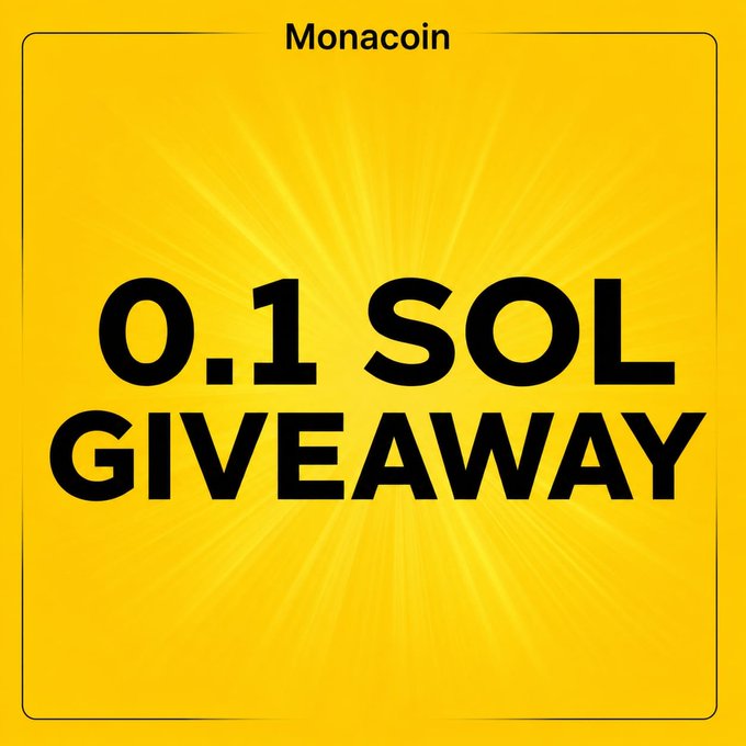 A bright yellow graphic with radiating sunburst rays displays bold black text announcing a "0.1 SOL GIVEAWAY" by "Monacoin," serving as the promotional visual for the Twitter post celebrating Monacoin's upcoming launch with a community giveaway of 0.1 Solana to three random participants.