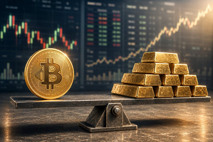 A gold Bitcoin coin and a stack of gold bars sit on opposite sides of a balanced scale, with financial charts in the background, visually representing the comparison between Bitcoin ETFs and gold ETFs and their shared reliance on investor sentiment as noted by Bloomberg analyst Eric Balchunas.