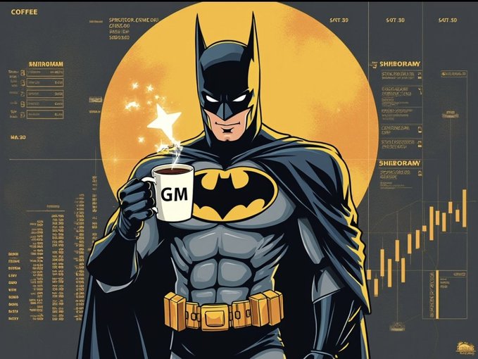 A stylized illustration shows Batman holding a steaming white coffee mug labeled "GM" in front of a glowing orange sun, surrounded by financial dashboard elements, candlestick charts, and data panels with the word "COFFEE" in the corner. The image cleverly visualizes the "Good Morning Bulls" greeting by combining the literal "GM" morning coffee concept with bullish market imagery, perfect for a trader-themed "GM" post.