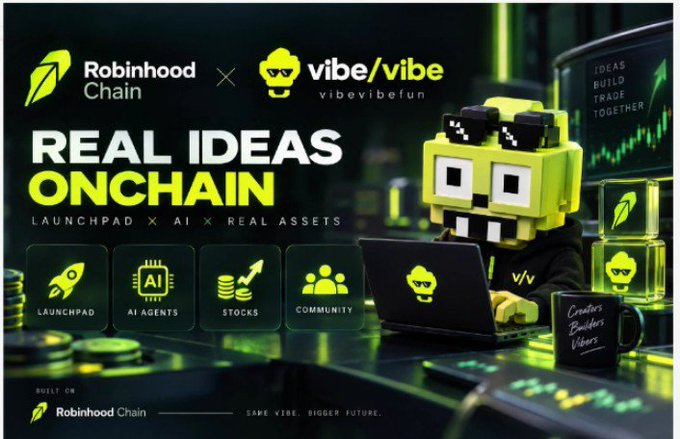A promotional graphic for 'Robinhood Chain x vibe/vibe' titled 'REAL IDEAS ONCHAIN' featuring a green pixel-art character at a laptop, with icons for Launchpad, AI Agents, Stocks, and Community.