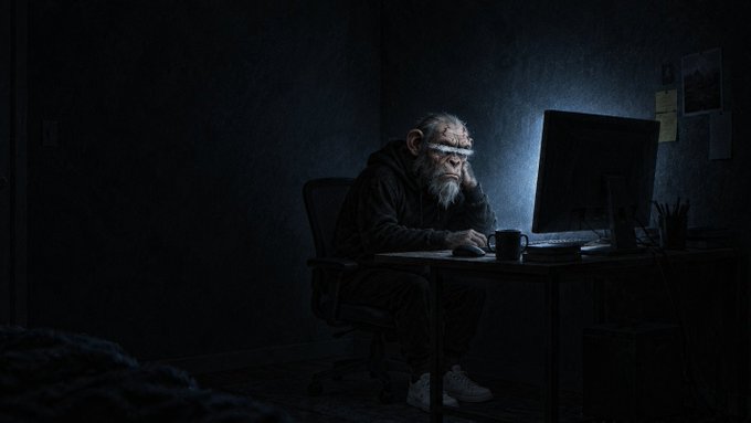 A moody digital illustration depicts a tired, ape-like figure sitting at a desk in a dark room, illuminated by the glow of a computer monitor.