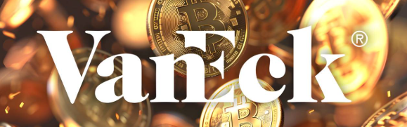 Banner for VanEck featuring the company's white logo prominently displayed against a blurred background of golden Bitcoin coins.