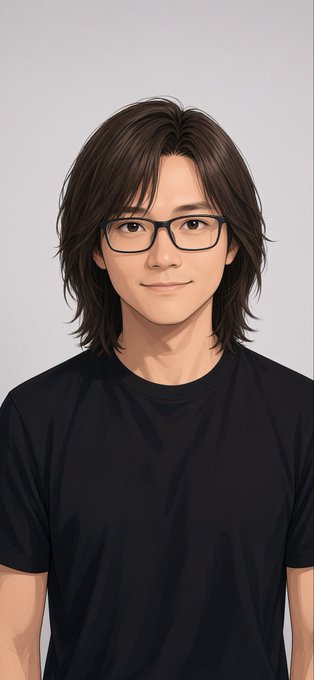 An illustrated portrait of a young man with shoulder-length dark hair wearing black-rimmed glasses and a black t-shirt.