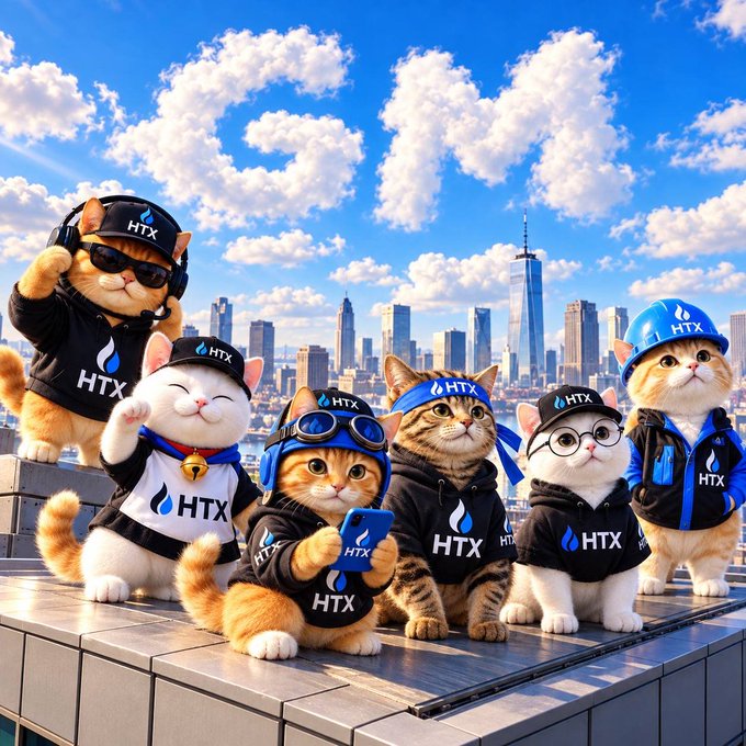A group of six cats wearing HTX-branded hoodies, hats, and goggles pose on a rooftop with a city skyline behind them.