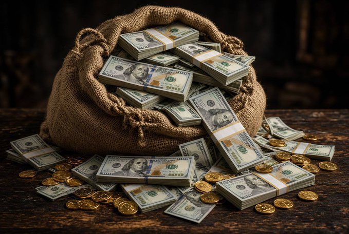 A burlap sack overflows with stacks of hundred-dollar bills and gold coins, symbolizing the financial reward that Qiu hopes to achieve by waking up early and working hard today.

Note: The post does not reference any specific visible numbers or text beyond what the money depicts, and the image reinforces the motivational message about effort leading to future wealth.

Caption: A burlap sack brimming with stacks of $100 bills and scattered gold coins represents the prosperity Qiu aims to attain through his early mornings and daily grind.